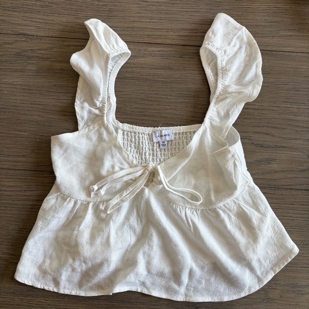 La Hearts White Textured Top with Tie Detail